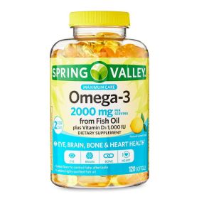 Spring Valley Maximum Care Omega-3 from Fish Oil; Eye, Brain, Bone & Heart Health Dietary Supplement Softgels, 2000 mg, 120 Count