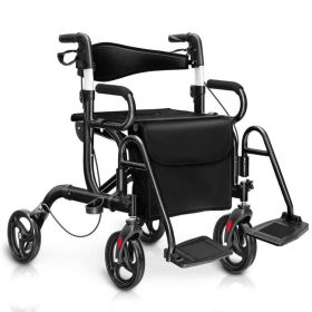 Folding Rollator Walker with 8-inch Wheels and Seat (Color: Black)